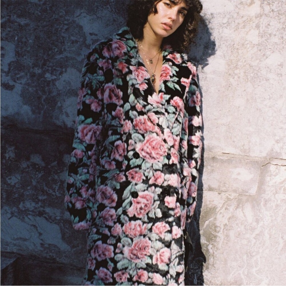 NWOT! The Kooples Neon Rose Floral-Print Faux-Fur Coat - Picture 3 of 13